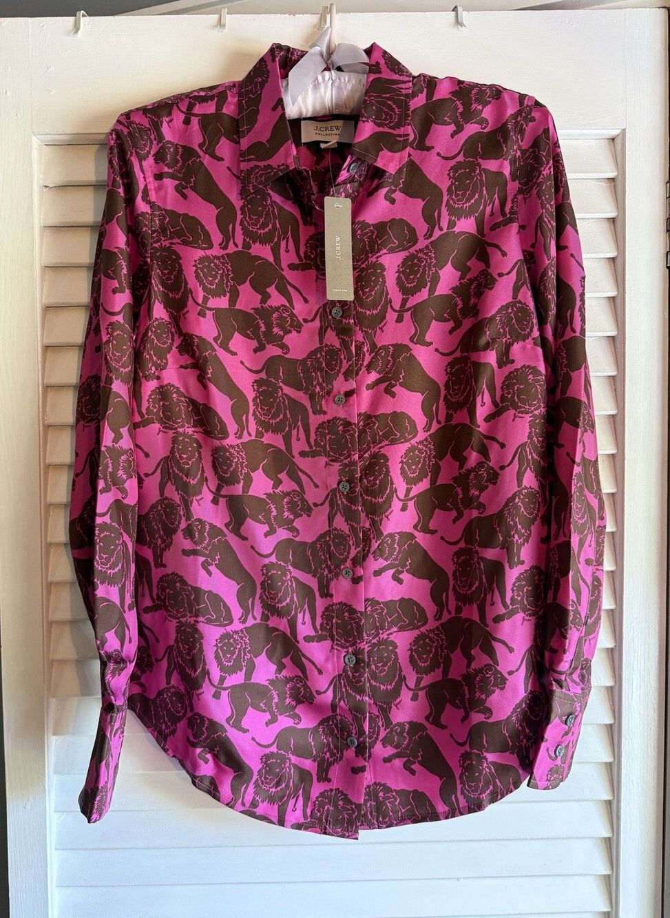 NWT J.Crew Collection Silk Button Up Shirt 2 Sleepy Lion Print Blouse Maximalist